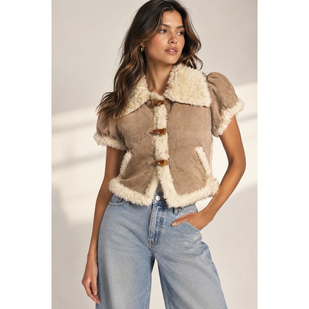 Arden B. Genuine Suede Faux Shearling Cropped Toggle Jacket Size M Y2K